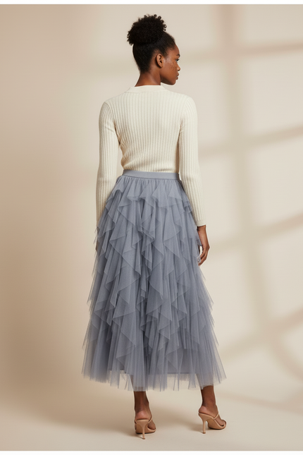 Jupe Longue Tulle Bleu Gris Fluide