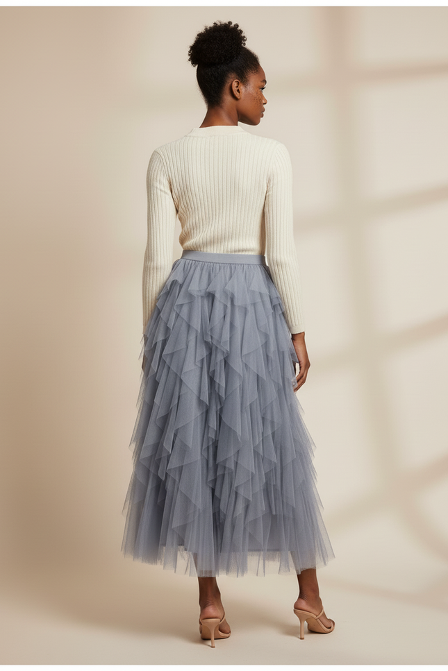 Jupe Longue Tulle Bleu Gris Fluide