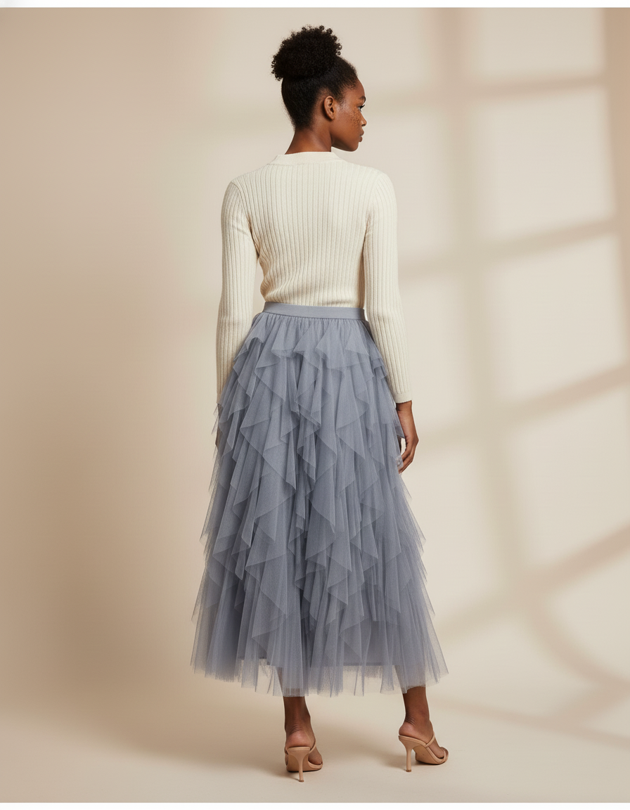 Jupe Longue Tulle Bleu Gris Fluide