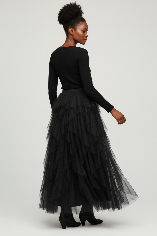 Jupe Longue Noire Tulle Volants Chic