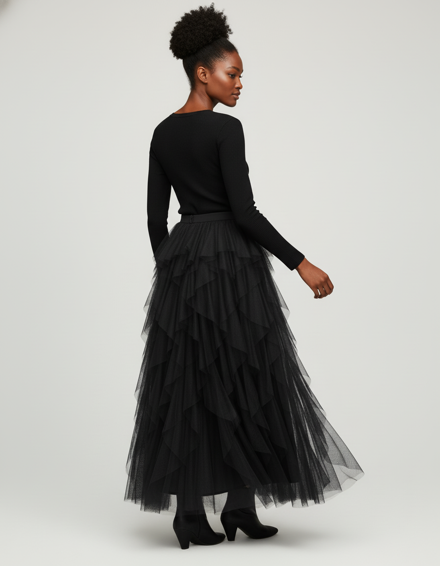 Jupe Longue Noire Tulle Volants Chic