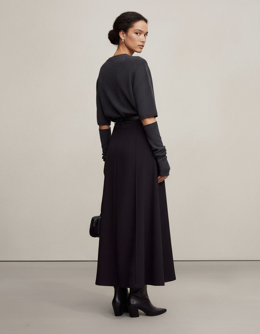 Jupe Longue Noire Évasée Chic Femme