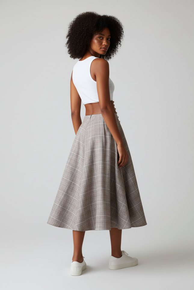 Jupe Longue Chic Carreaux Taille Haute