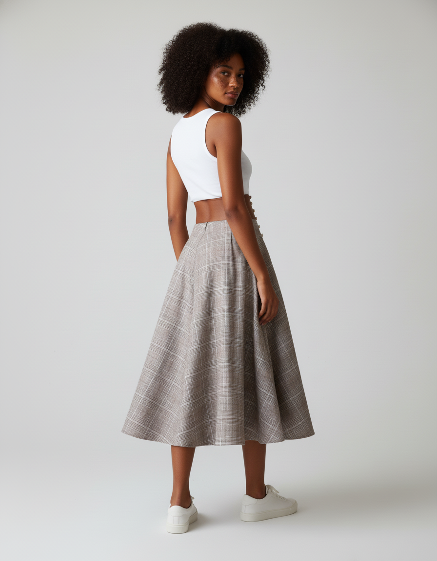 Jupe Longue Chic Carreaux Taille Haute