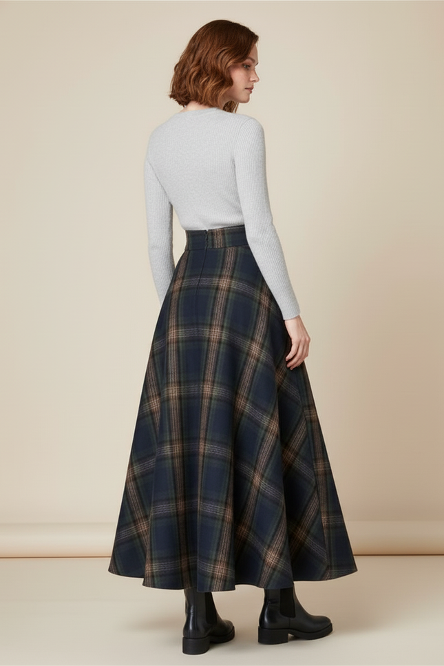 Jupe Longue Laine Carreaux Évasée Chic