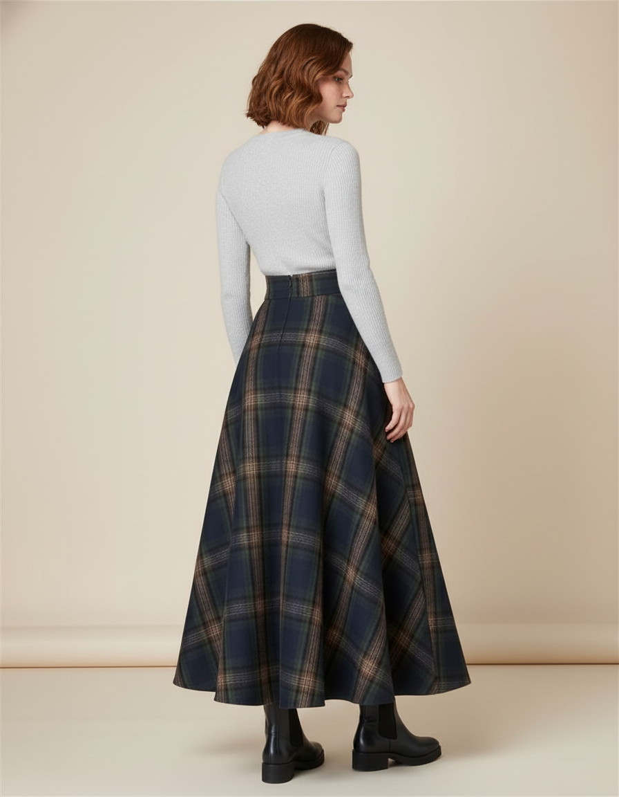 Jupe Longue Laine Carreaux Évasée Chic