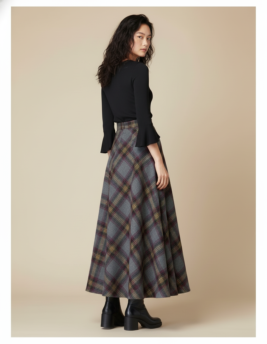 Jupe Longue Grise Carreaux Chic