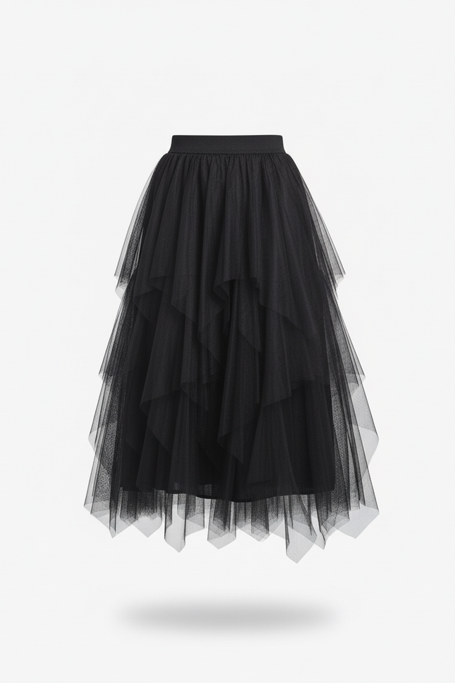 Jupe Longue Noir Tulle Superposé Chic