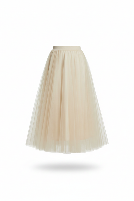 Jupe Longue Tulle Beige Plissée
