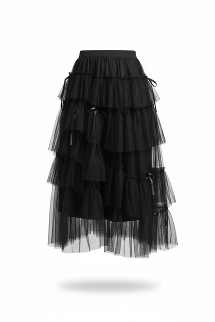 Jupe Longue Tulle Noir Chic À Volants