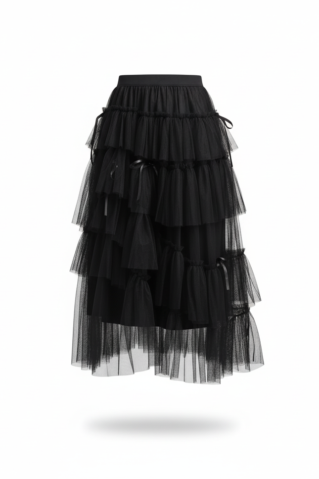 Jupe Longue Tulle Noir Chic À Volants