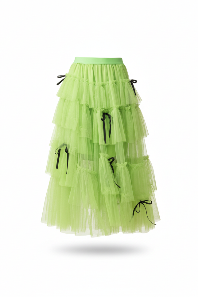 Jupe Longue Vert Anis Volants Chic