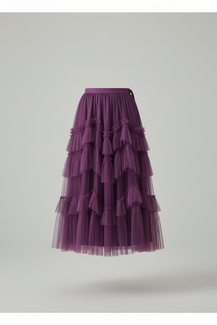 Jupe Longue Élégante Tulle Violette À Volants