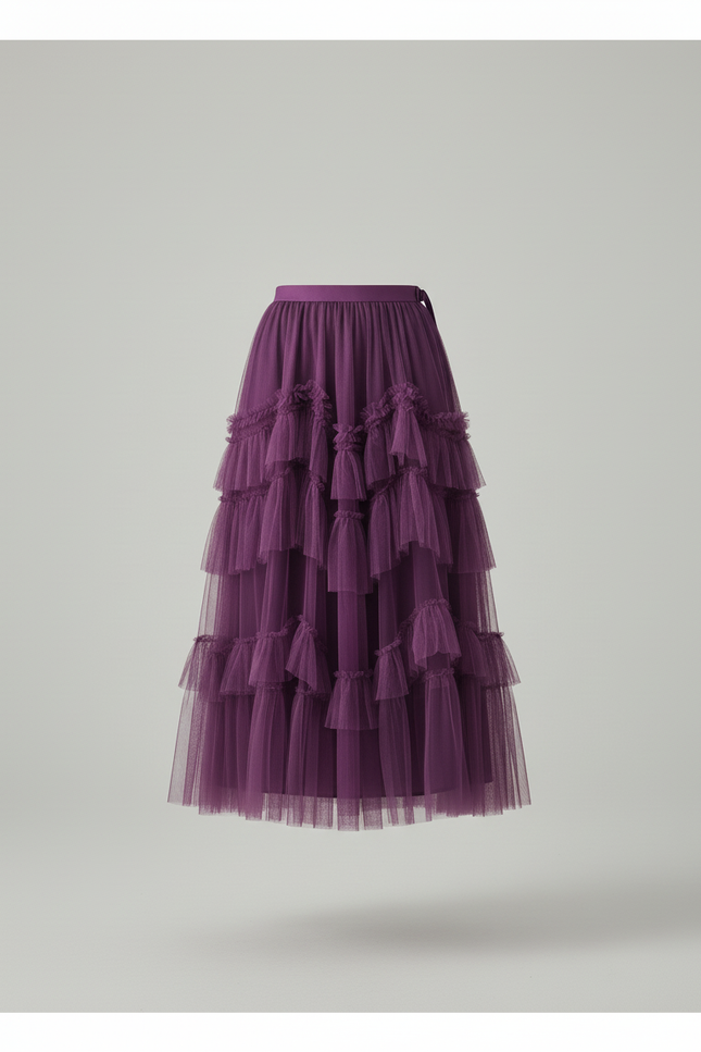 Jupe Longue Élégante Tulle Violette À Volants