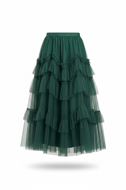 Jupe Longue Vert Émeraude Tulle Volants Élégante