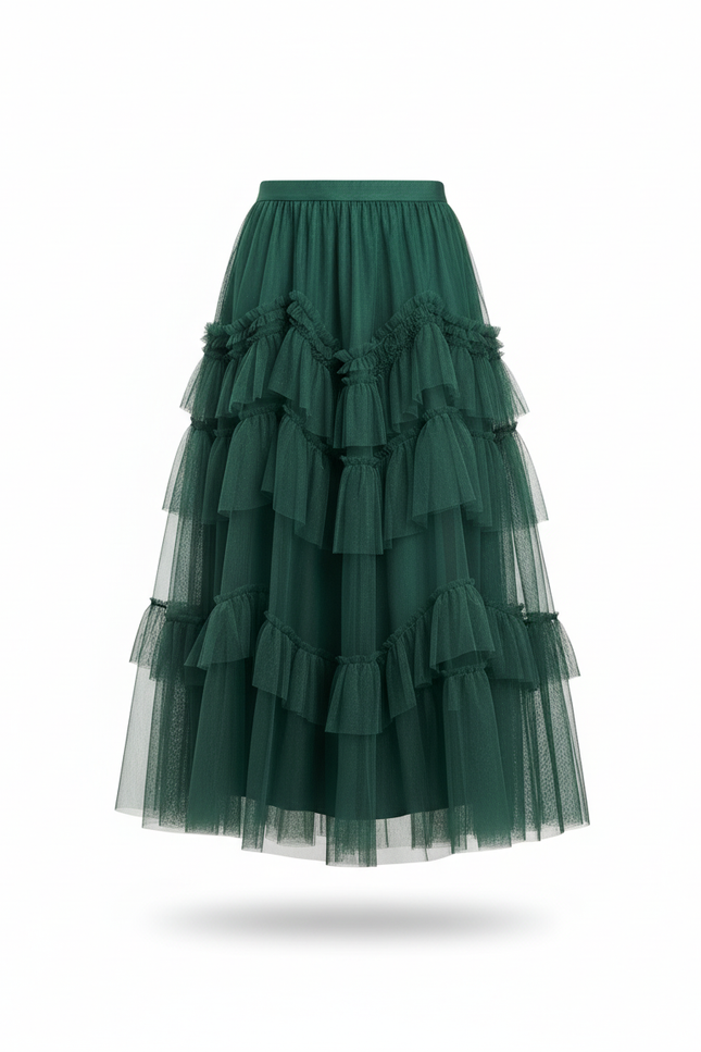 Jupe Longue Vert Émeraude Tulle Volants Élégante