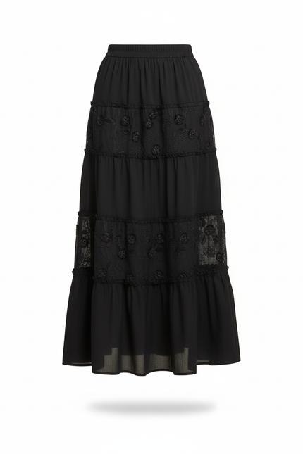 Jupe Longue Noire Brodée Élégante