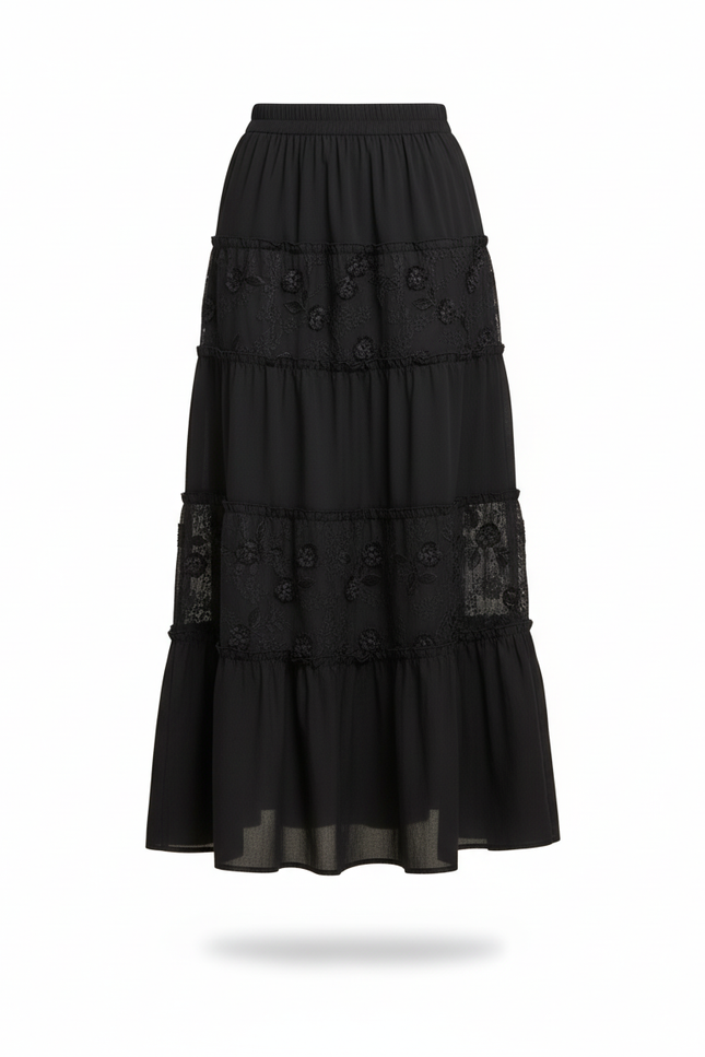 Jupe Longue Noire Brodée Élégante