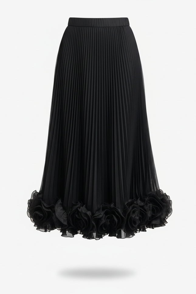 Jupe Longue Plissée Fleurs 3D Élégante