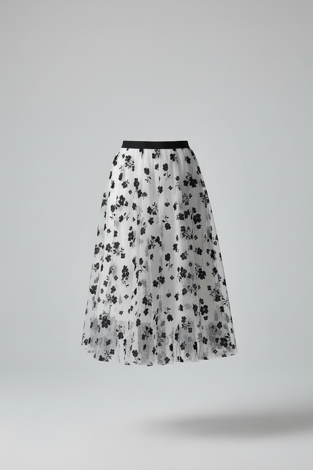 Jupe Longue Fleurie Noir Et Blanc