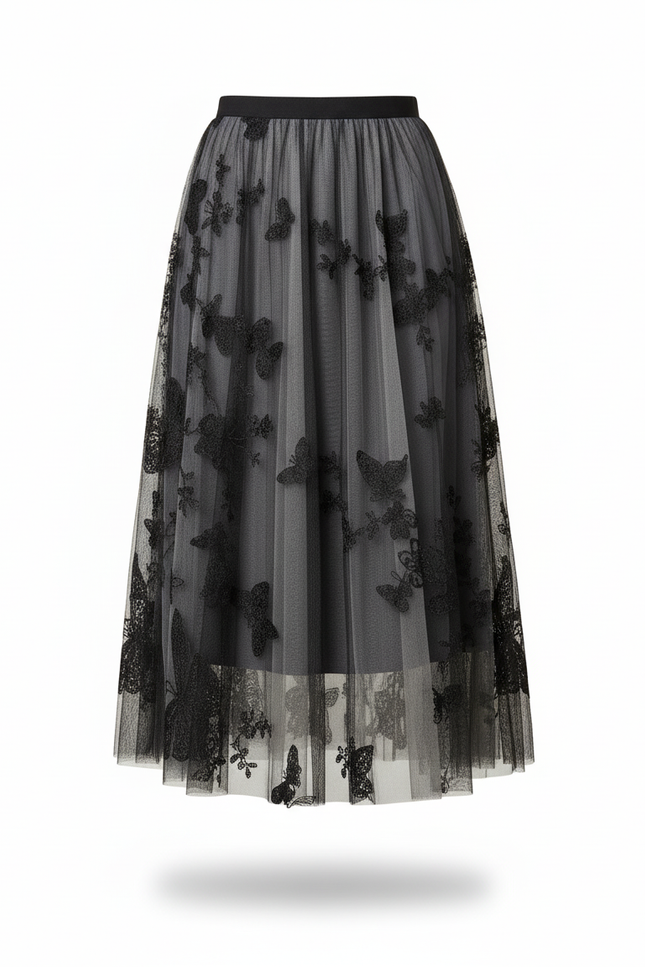 Jupe Longue Tulle Brodé Papillons Élégante
