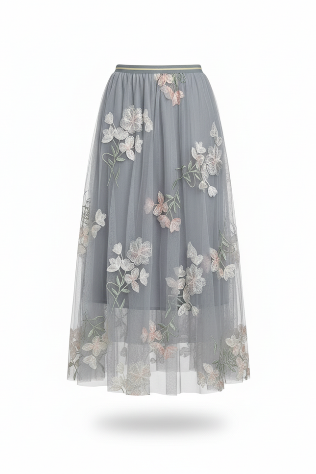 Jupe Longue Tulle Brodée Fleurie Élégante