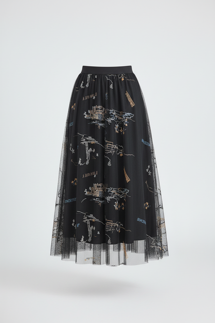 Jupe Longue Noire Brodée Élégante Mode
