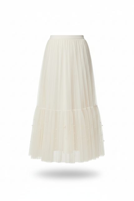 Jupe Longue Crème Tulle Plissée Élégante