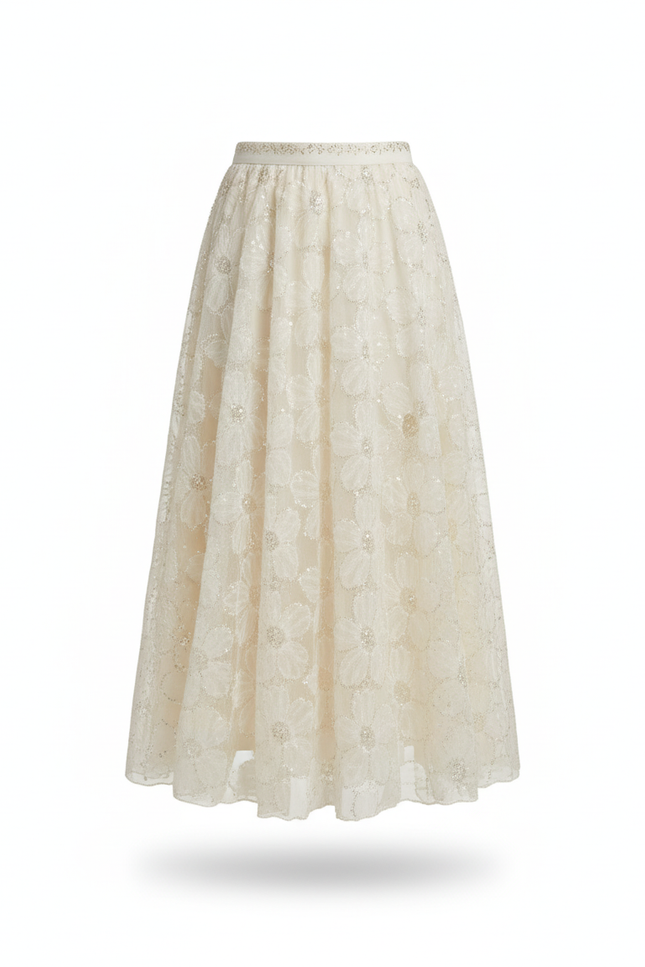 Jupe Longue Crème Brodée Florale Élégante