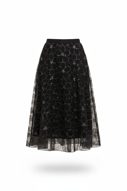 Jupe Longue Noire Brodée Élégante Femme