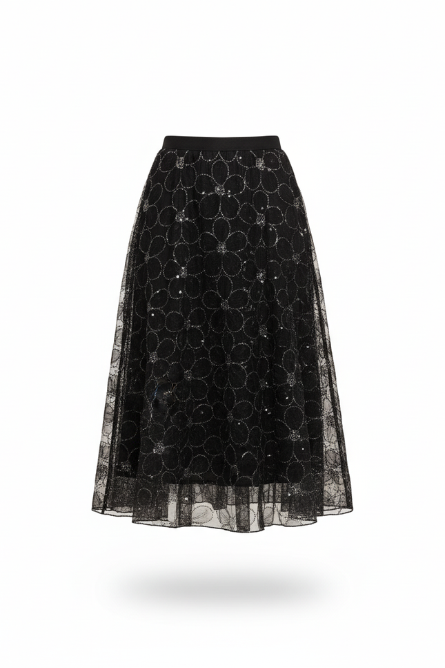 Jupe Longue Noire Brodée Élégante Femme