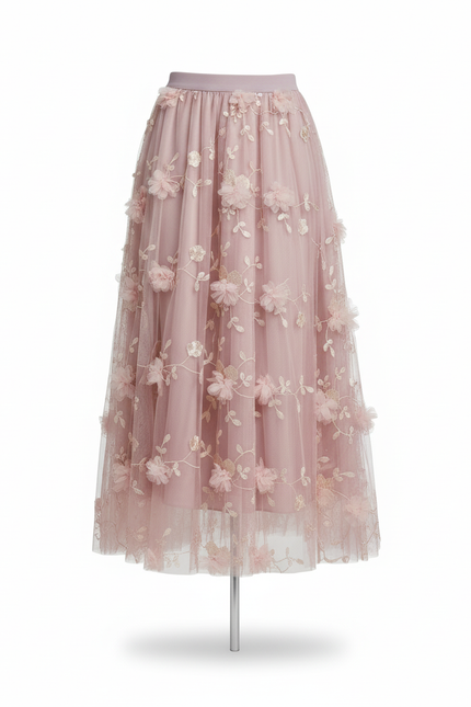 Jupe Longue Rose Poudré Fleurs 3D Élégante