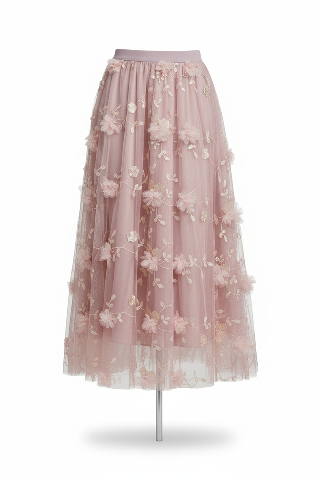 Jupe Longue Rose Poudré Fleurs 3D Élégante