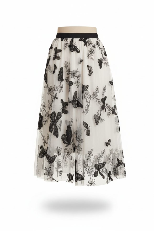 Jupe Longue Broderie Papillons Élégante