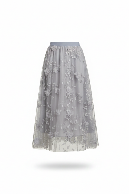 Jupe Longue Grise Brodée Élégante