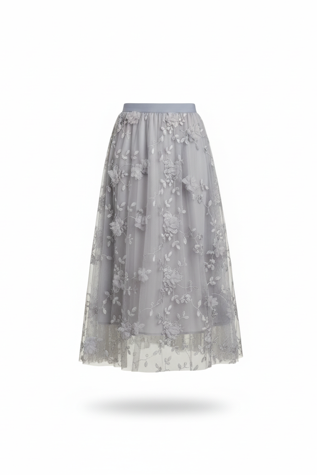 Jupe Longue Grise Brodée Élégante