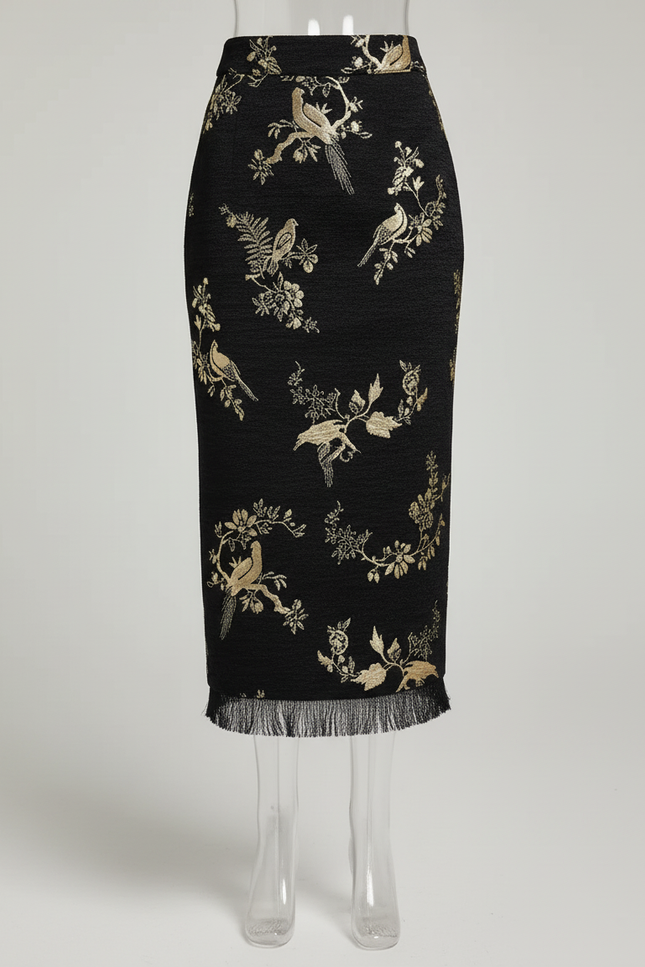 Jupe Longue Noire Motifs Oiseaux Élégante