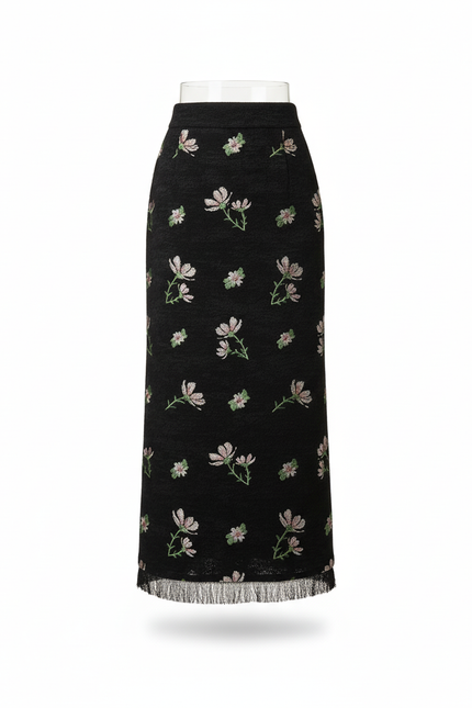 Jupe Longue Noire Brodée Florale Vintage