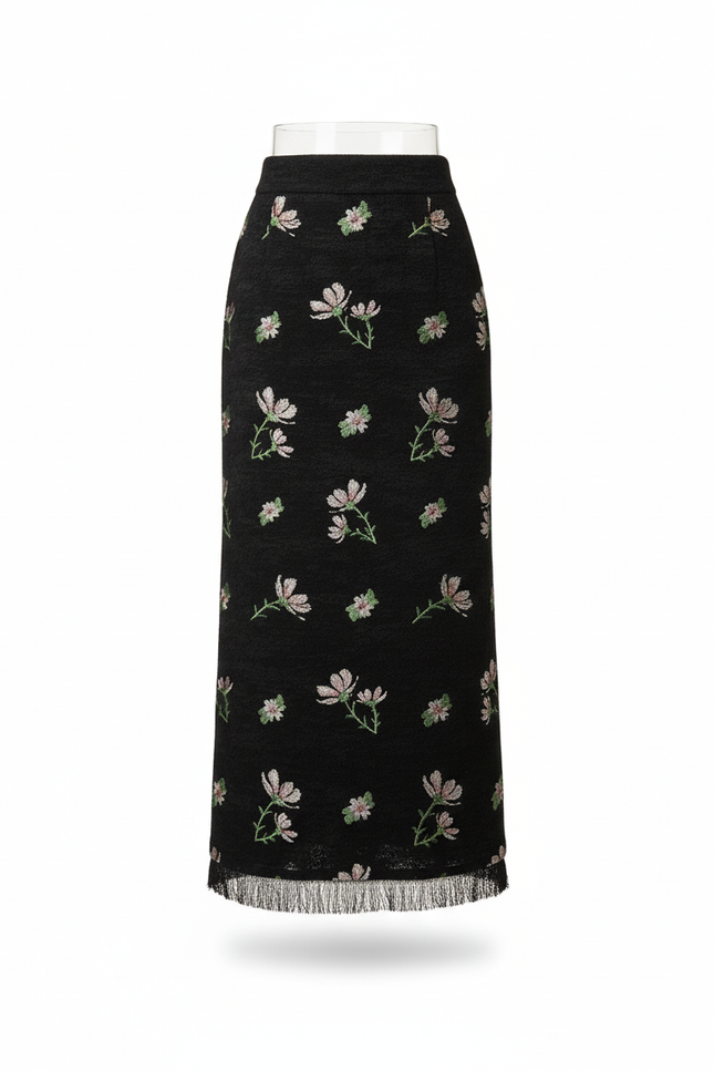 Jupe Longue Noire Brodée Florale Vintage
