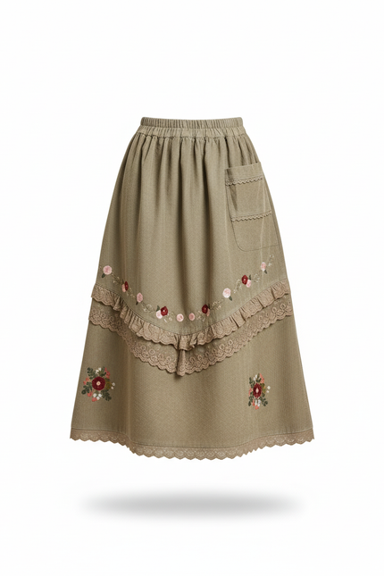 Jupe Longue Velours Côtelé Broderie Bohème