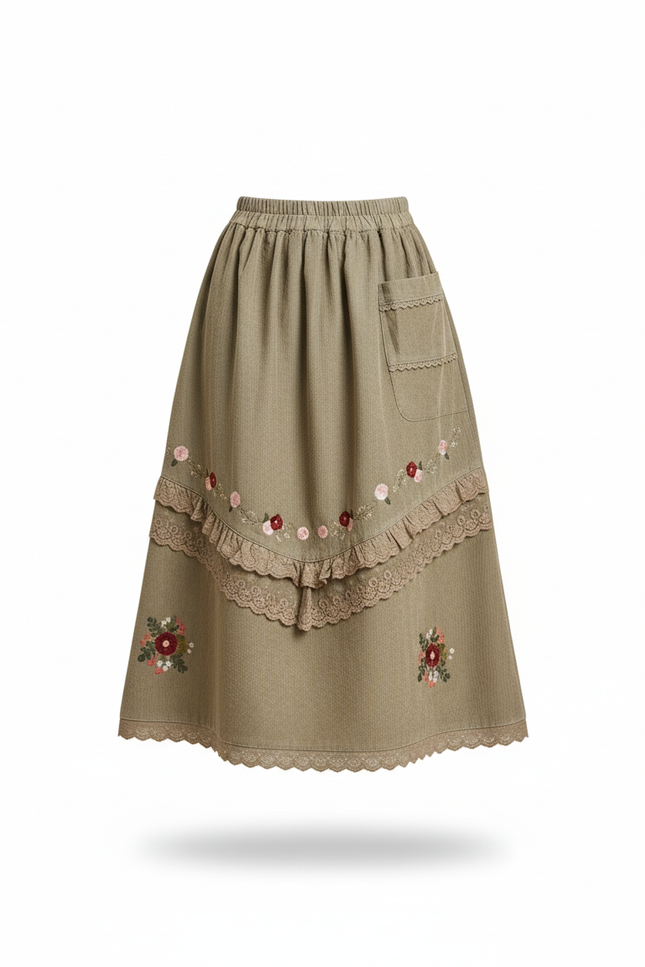 Jupe Longue Velours Côtelé Broderie Bohème