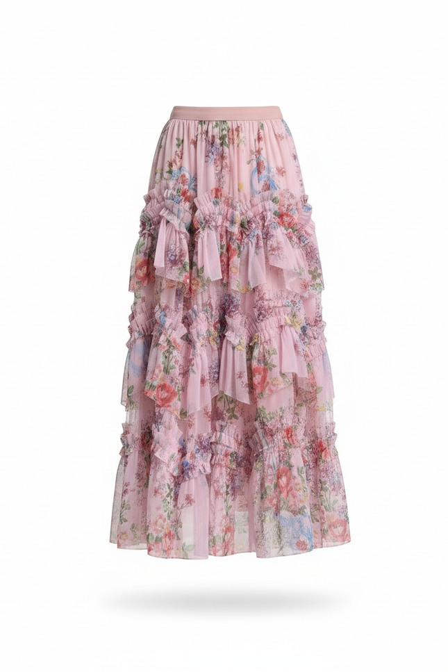 Jupe Longue Rose Florale À Volants Élégante