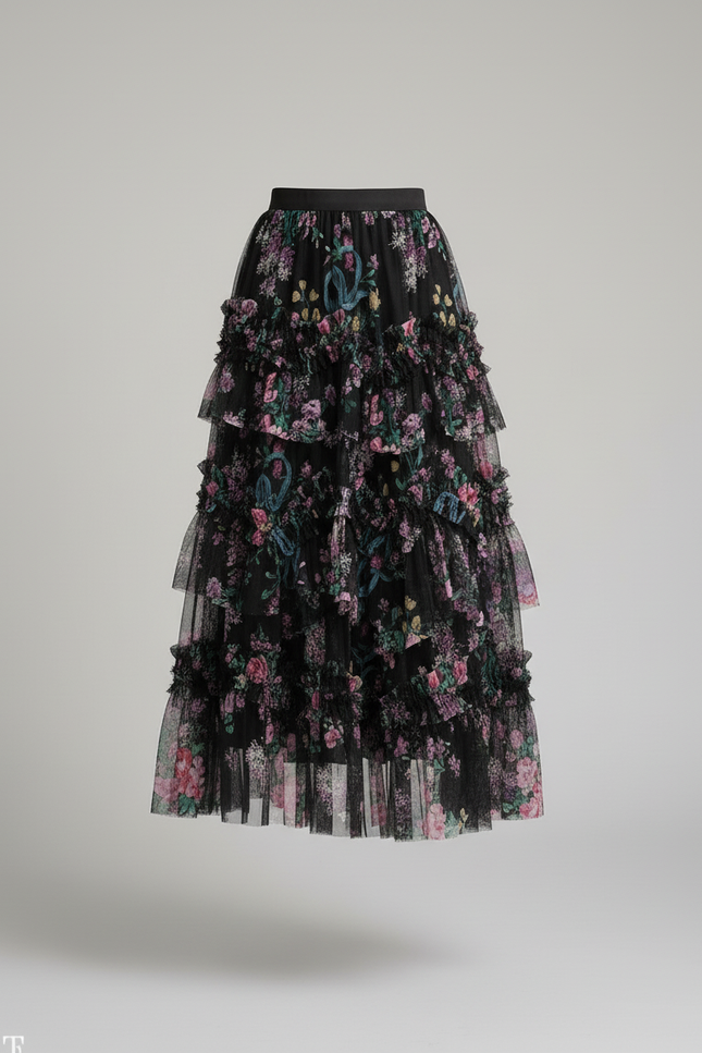 Jupe Longue Fleurie Tulle Élégante