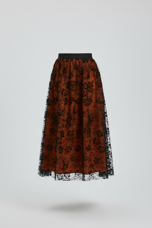 Jupe Longue Tulle Florale Orange Élégante