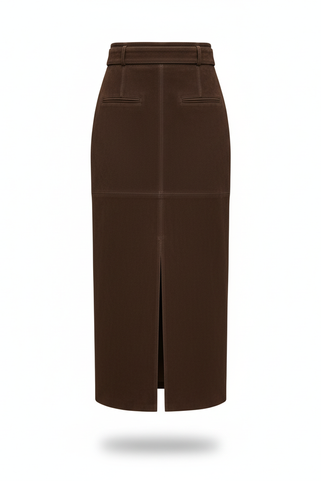 Jupe Longue Marron Daim Fente Élégante