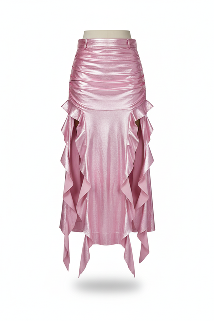 Jupe Longue Rose Métallisé Volants Chic