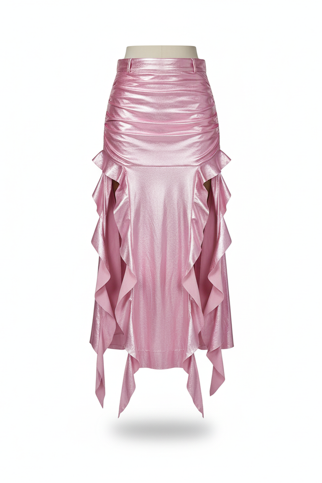 Jupe Longue Rose Métallisé Volants Chic