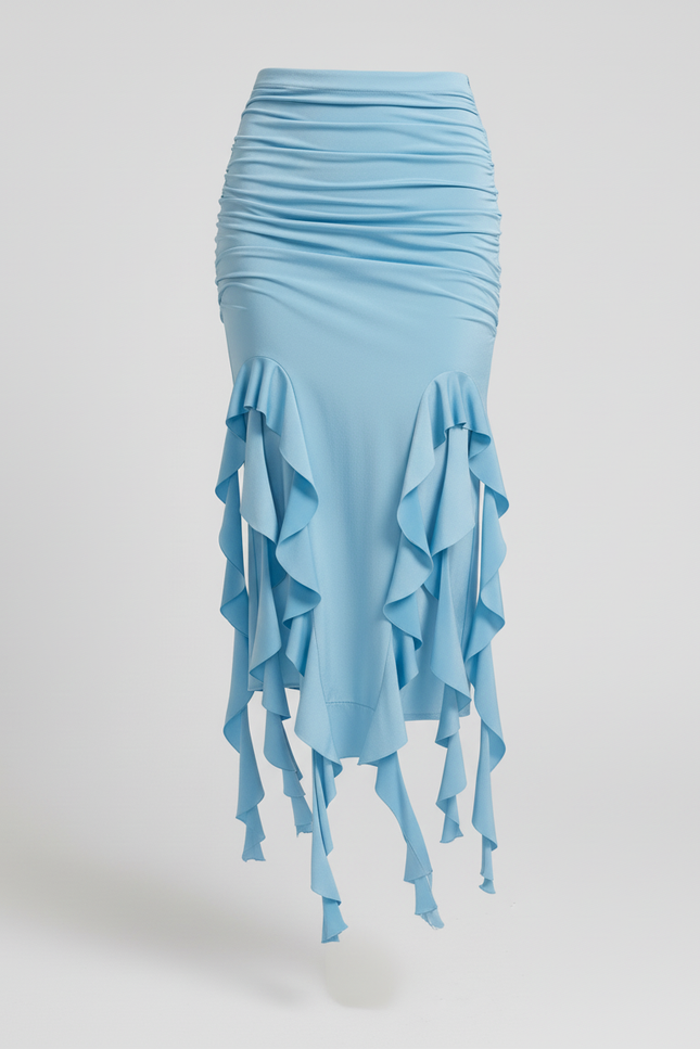 Jupe Longue Bleu Clair Volants Chic