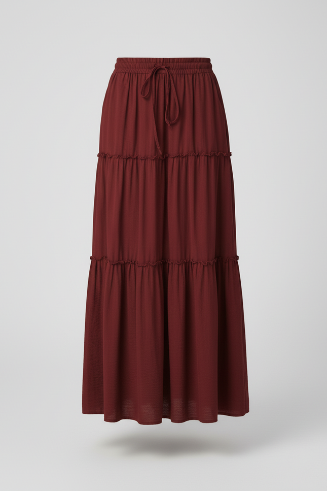 Jupe Longue Bohème Bordeaux À Volants