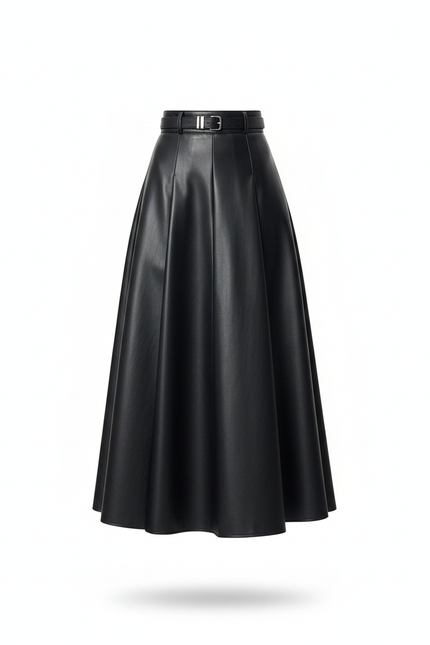 Jupe Longue Noir Similicuir Plissée